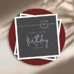 30th Birthday Elegant Minimalist Flat Black Napkin<br><div class="desc">Celebrate a 30th birthday milestone in style with this simple, modern flat-black and ivory beige party napkin.  The sleek minimalist layout pairs a deep matte black background with refined ivory-beige typography—featuring a bold sans-serif for the details and a graceful handwritten script for the word “Birthday.” A sleek square badge highlights...</div>