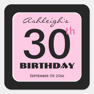 30th Birthday Elegant PINK BLACK Custom Name 1 Square Sticker