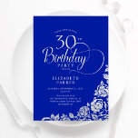 30th Birthday Elegant Royal Blue Silver Roses Invitation<br><div class="desc">Simple elegant 30th birthday party invitation in royal blue and silver. Classy design featuring roses, faux silver foil and typography script font. Trendy invite card perfect for a stylish female bday celebration. Personalise with your own details. Can be customised to any age. Printed Zazzle invitations or instant download digital printable...</div>