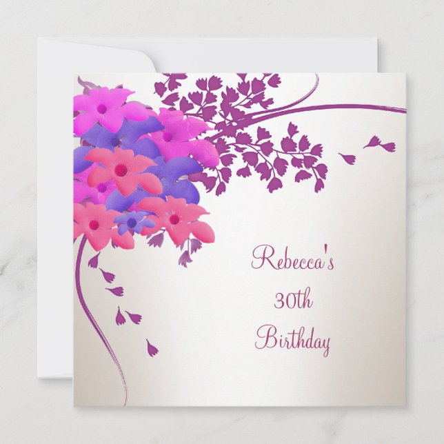 30th Birthday Elegant White Pink Purple Flowers Invitation (Front)