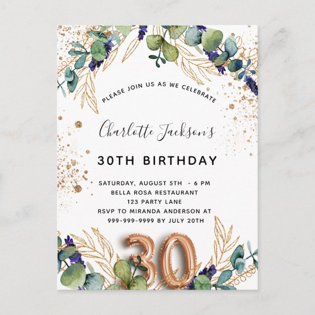 30th birthday eucalyptus greenery glitter elegant invitation postcard (Front)