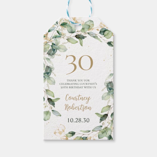 30th Birthday Eucalyptus Thank You Gift Tags (Front)