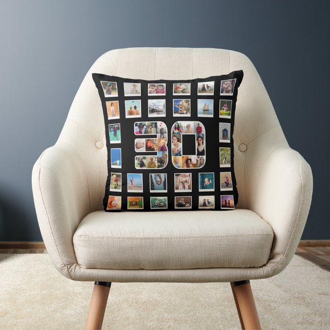 30th Birthday Family Photo Memories Collage Cushion (30th birthday throw pillow on a chair)