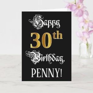30th Birthday — Fancy Script; Faux Gold Look; Name Card