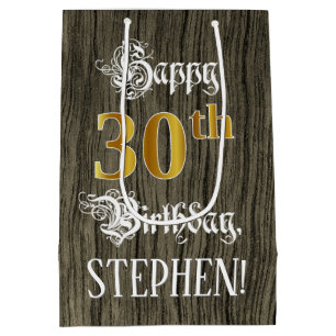 30th Birthday: Faux Gold Look & Faux Wood Pattern Medium Gift Bag
