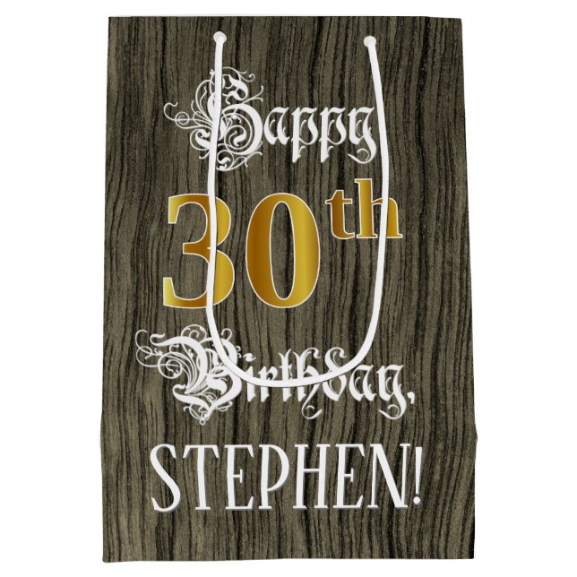 30th Birthday: Faux Gold Look & Faux Wood Pattern Medium Gift Bag (Back)
