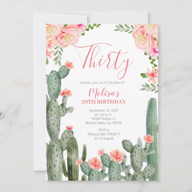 30th Birthday Floral Cactus Succulent Thirty  Invitation (Front)