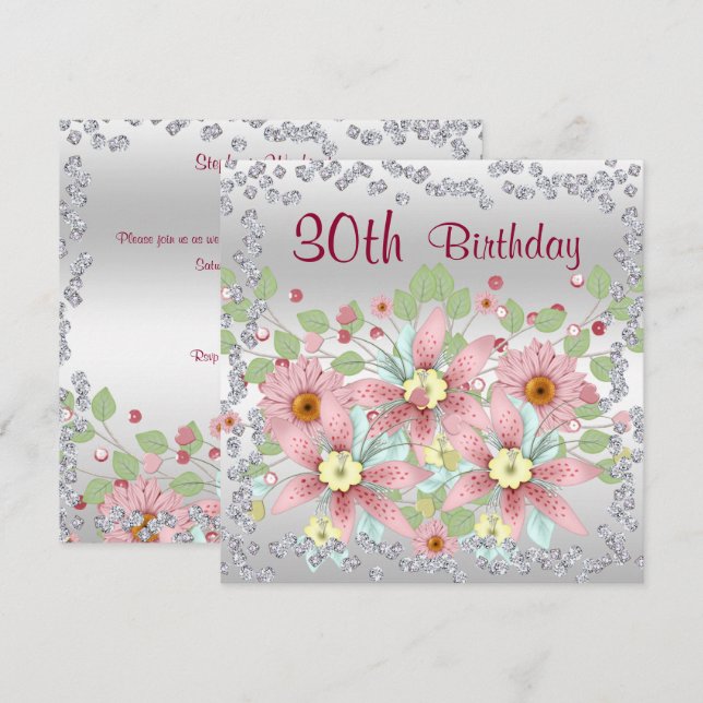 30th Birthday Floral Display & Diamonds Invitation (Front/Back)