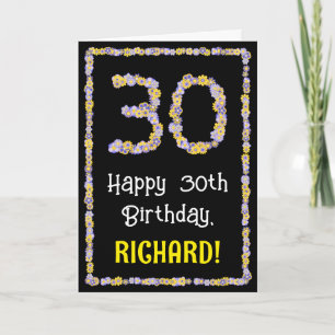 30th Birthday: Floral Flowers Number, Custom Name Card