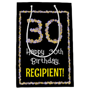 30th Birthday: Floral Flowers Number, Custom Name Medium Gift Bag