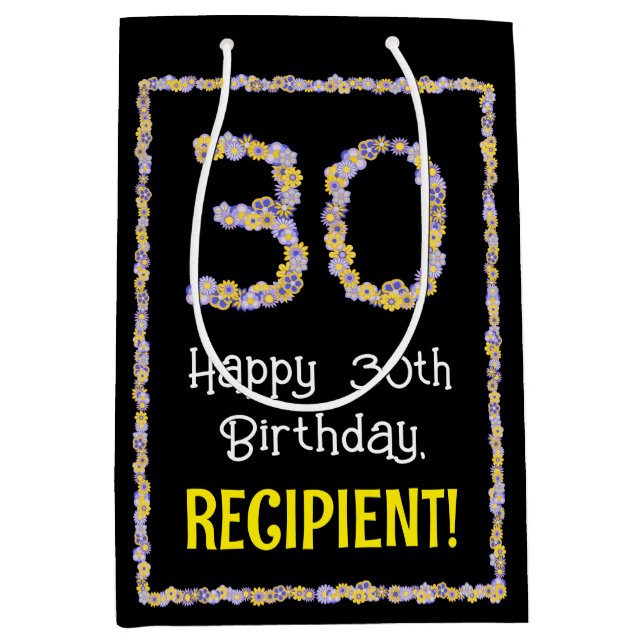 30th Birthday: Floral Flowers Number, Custom Name Medium Gift Bag (Front)