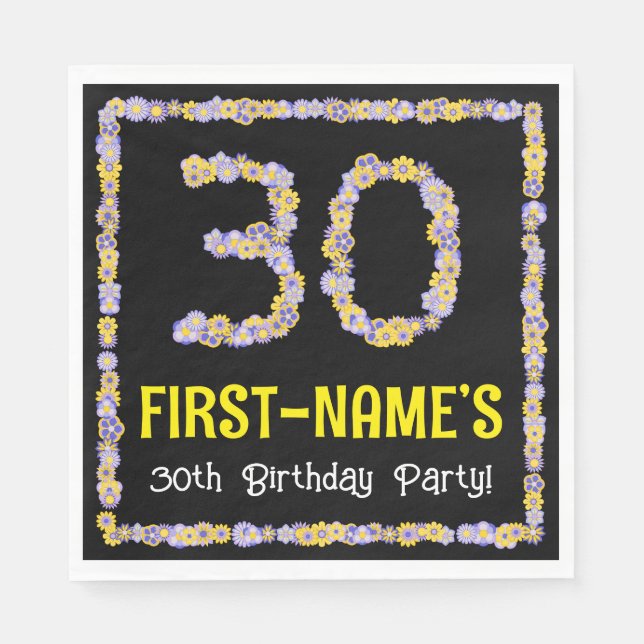 30th Birthday: Floral Flowers Number, Custom Name Napkin (Front)
