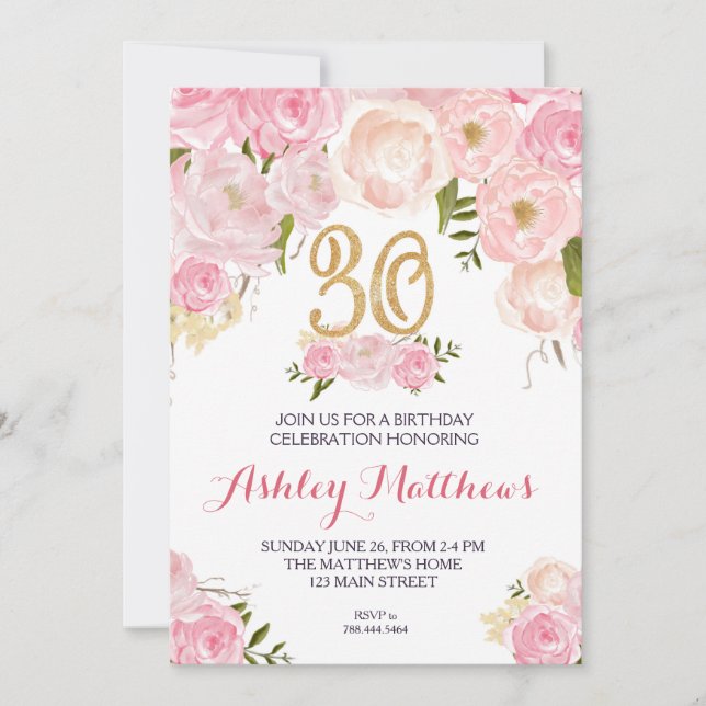 30th birthday Floral Invitation, Invitation (Front)
