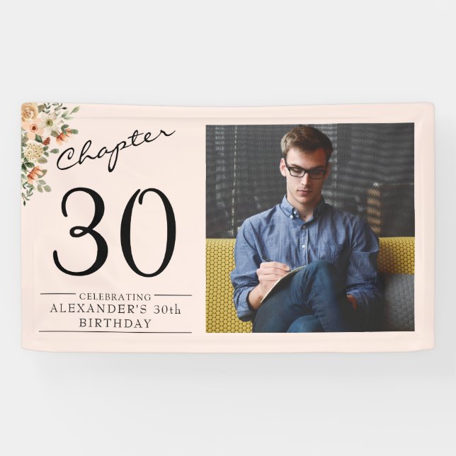 30th Birthday Floral Pink Photo Banner (Horizontal)