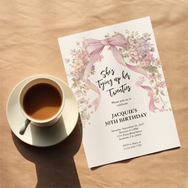 30th Birthday Floral Ribbon Bow Invitation (30th birthday party invitation on a table with a tea cup. )