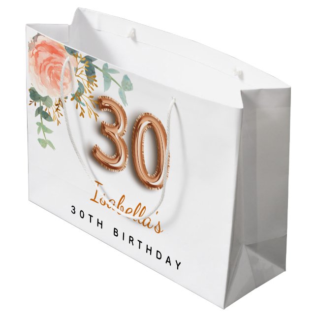 30th birthday floral rose gold eucalyptus birthday large gift bag (Back Angled)
