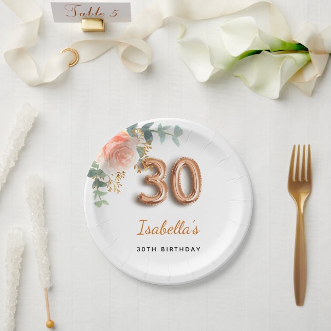 30th birthday floral rose gold eucalyptus monogram paper plate (Wedding)