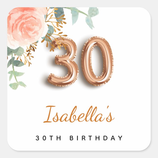 30th birthday floral rose gold eucalyptus monogram square sticker (Front)
