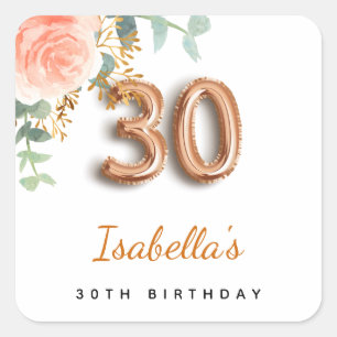 30th birthday floral rose gold eucalyptus monogram square sticker