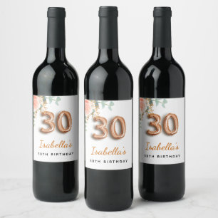 30th birthday floral rose gold eucalyptus monogram wine label