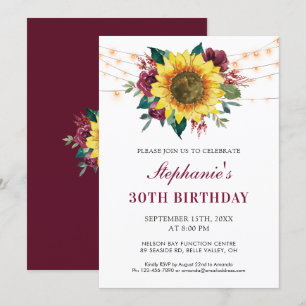 30th Birthday Floral Sunflower String Lights Party Invitation