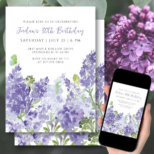 30th Birthday Floral Watercolor Elegant Lilacs  Invitation
