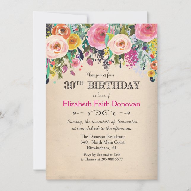 30th Birthday Floral Watercolor Invitation (Front)