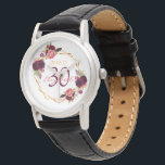 30th birthday florals white geometric name watch<br><div class="desc">A gift or keepsake for a 30th birthday. A chic white background with a faux gold geometric frame. Decorated with dark purple and burgundy flowers, roses and boho style feathers. Templates for a name, age and a date. Date of birth or the date of the party. The name is written...</div>