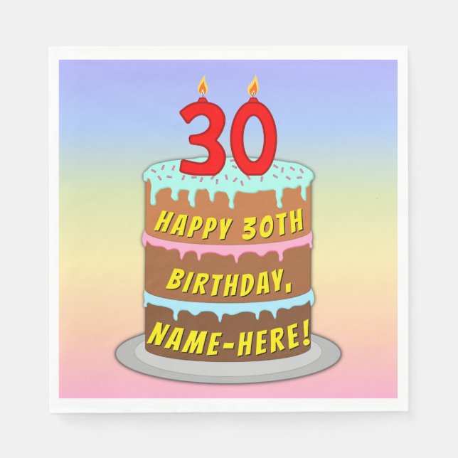 30th Birthday: Fun Cake and Candles + Custom Name Napkin (Front)