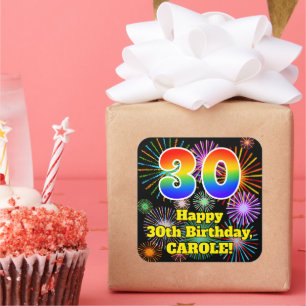 30th Birthday: Fun Fireworks Look, Rainbow # 30 Square Sticker