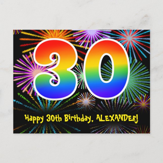 30th Birthday – Fun Fireworks Pattern + Rainbow 30 Postcard (Front)