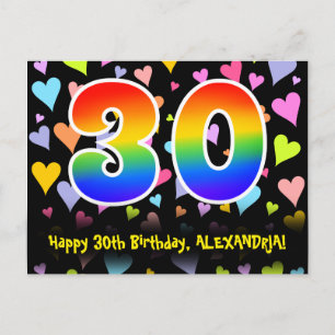 30th Birthday: Fun Hearts Pattern, Rainbow 30 Postcard