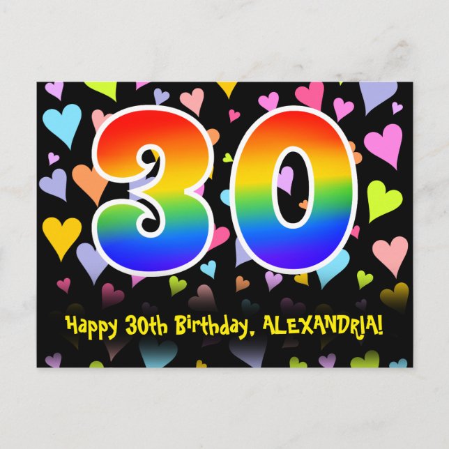 30th Birthday: Fun Hearts Pattern, Rainbow 30 Postcard (Front)