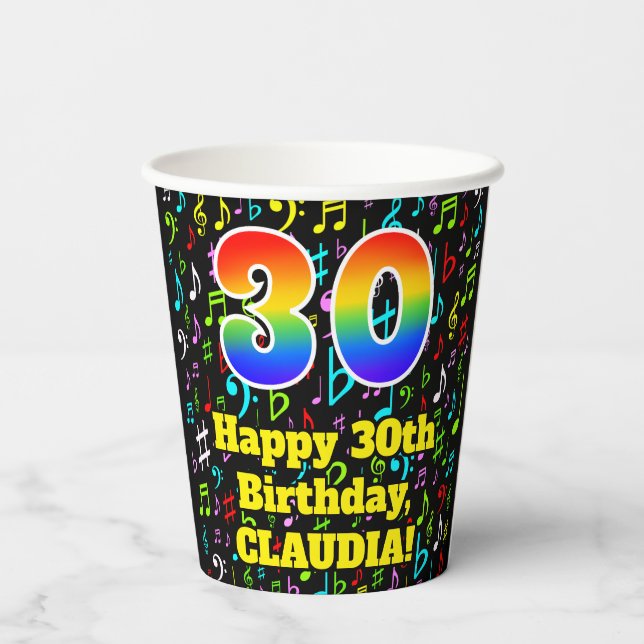 30th Birthday: Fun Music Notes Pattern, Rainbow 30 Paper Cups (Back)