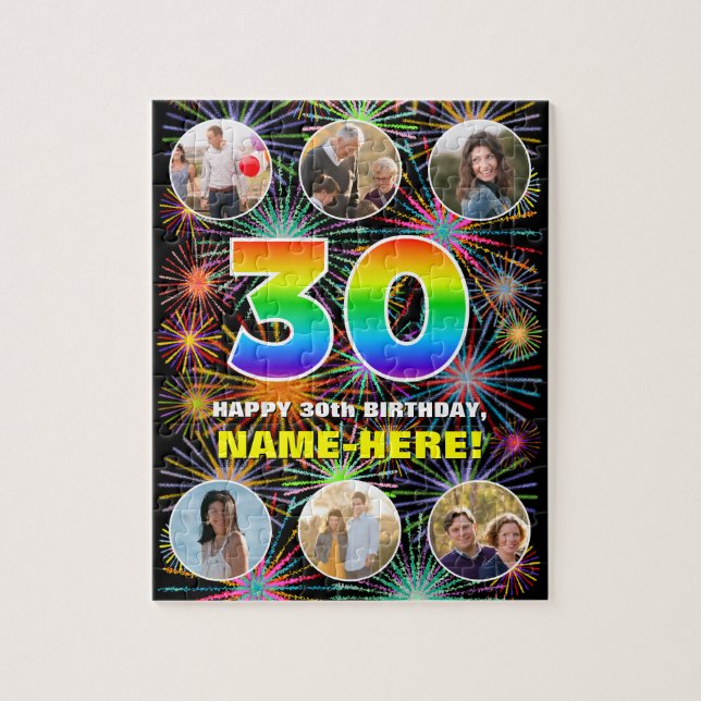 30th Birthday: Fun Rainbow #, Custom Name + Photos Jigsaw Puzzle (Vertical)