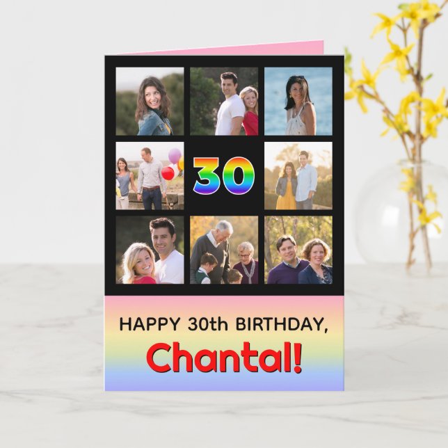 30th Birthday: Fun Rainbow #, Custom Photos + Name Card (Yellow Flower)