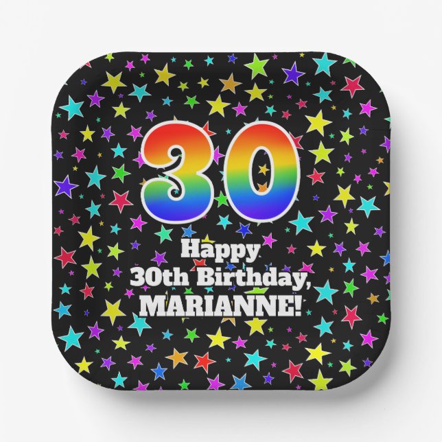 30th Birthday: Fun Stars Pattern and Rainbow “30” Paper Plate (Front)