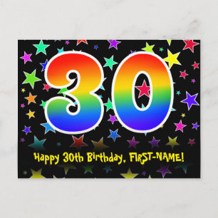 30th Birthday: Fun Stars Pattern, Rainbow 30, Name Postcard