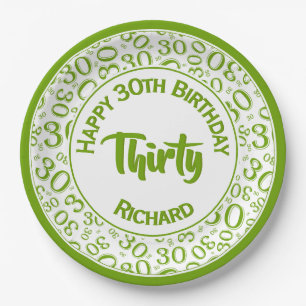 30th Birthday Funky Number Pattern Green/White Paper Plate