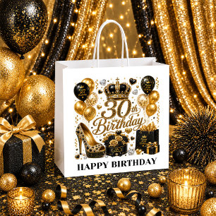 30th Birthday Gift Bag Birthday Queen Black Gold L