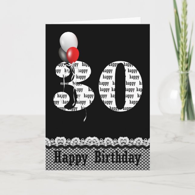 30th Birthday Gingham Border with Balloons Card (Front)