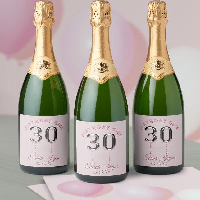 30th Birthday Girl Blush Pink Silver 30 Balloon Sparkling Wine Label (Happy 30th Birthday Girl! Just add your name and special date to this pink and silver labels)