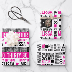 30th birthday girls photos black white hot pink wr wrapping paper sheet