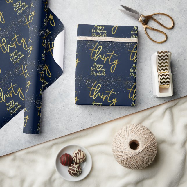 30th Birthday Glamourous Navy Gold Wrapping Paper (Crafts)