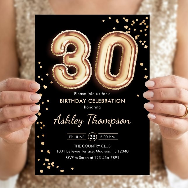 30th Birthday - Gold Balloons Black Invitation (Creator Uploaded)
