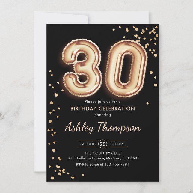 30th Birthday - Gold Balloons Black Invitation (Front)