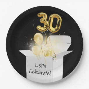 30th Birthday Gold Balloons In White Box Paper Plate
