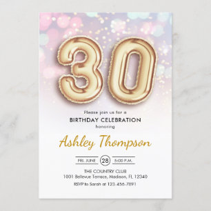 30th Birthday - Gold Balloons Pink Lights Invitation