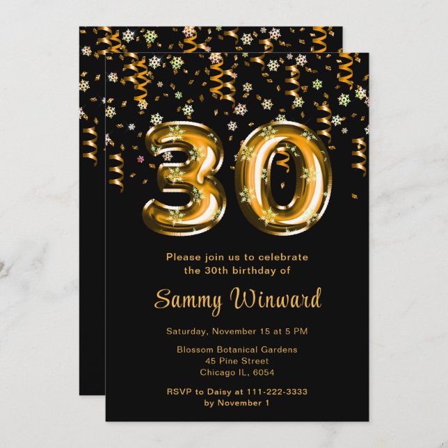 30th Birthday Gold Balloons Snowflake Confetti Invitation (Front/Back)