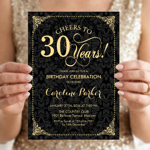 30th Birthday - Gold Black Damask Invitation